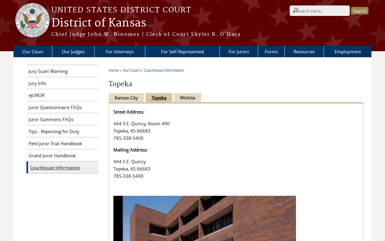District of Kansas Topeka courthouse information for federal Formoso matters