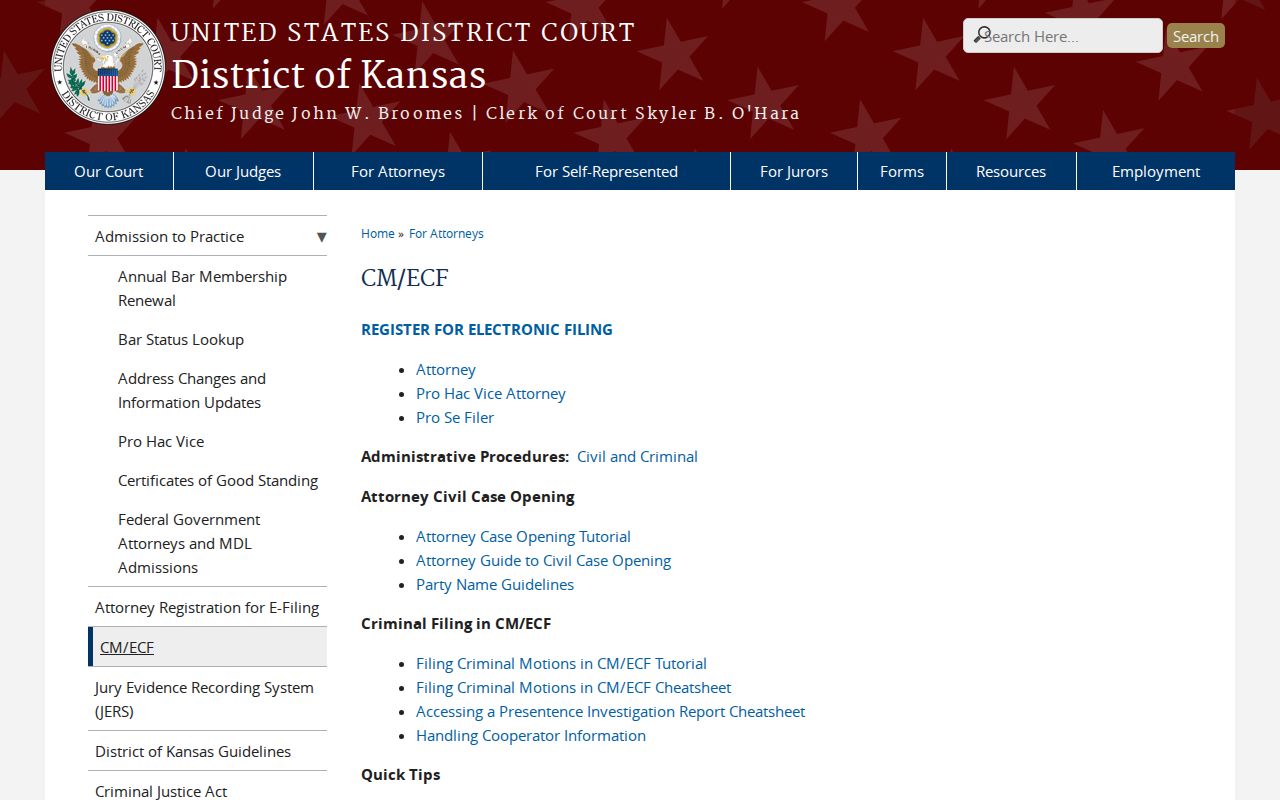 District of Kansas CM ECF page for federal cases involving Jewell residents